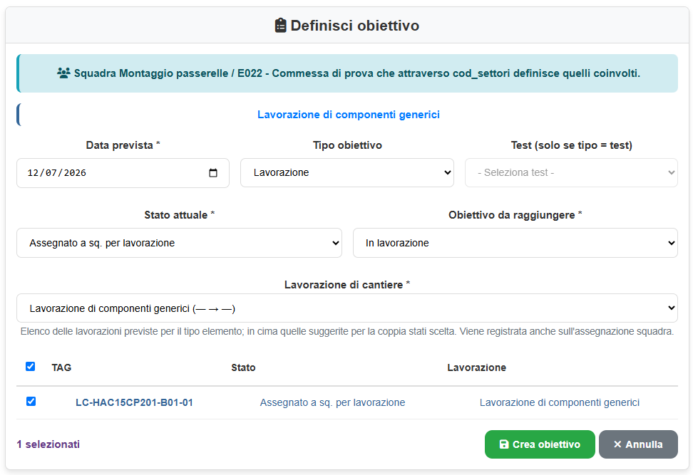 Definizione obiettivo per squadra