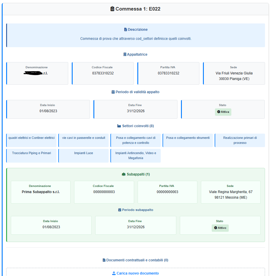 Scheda commessa con subappalti