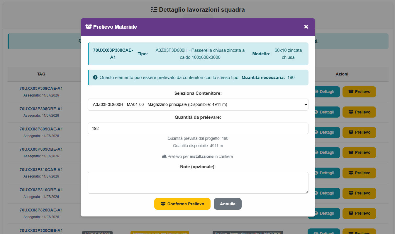 Prelievo materiale da lavorazioni