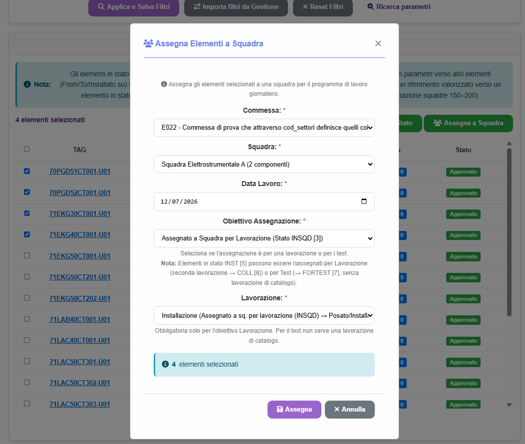 Stato elementi e assegnazione squadre